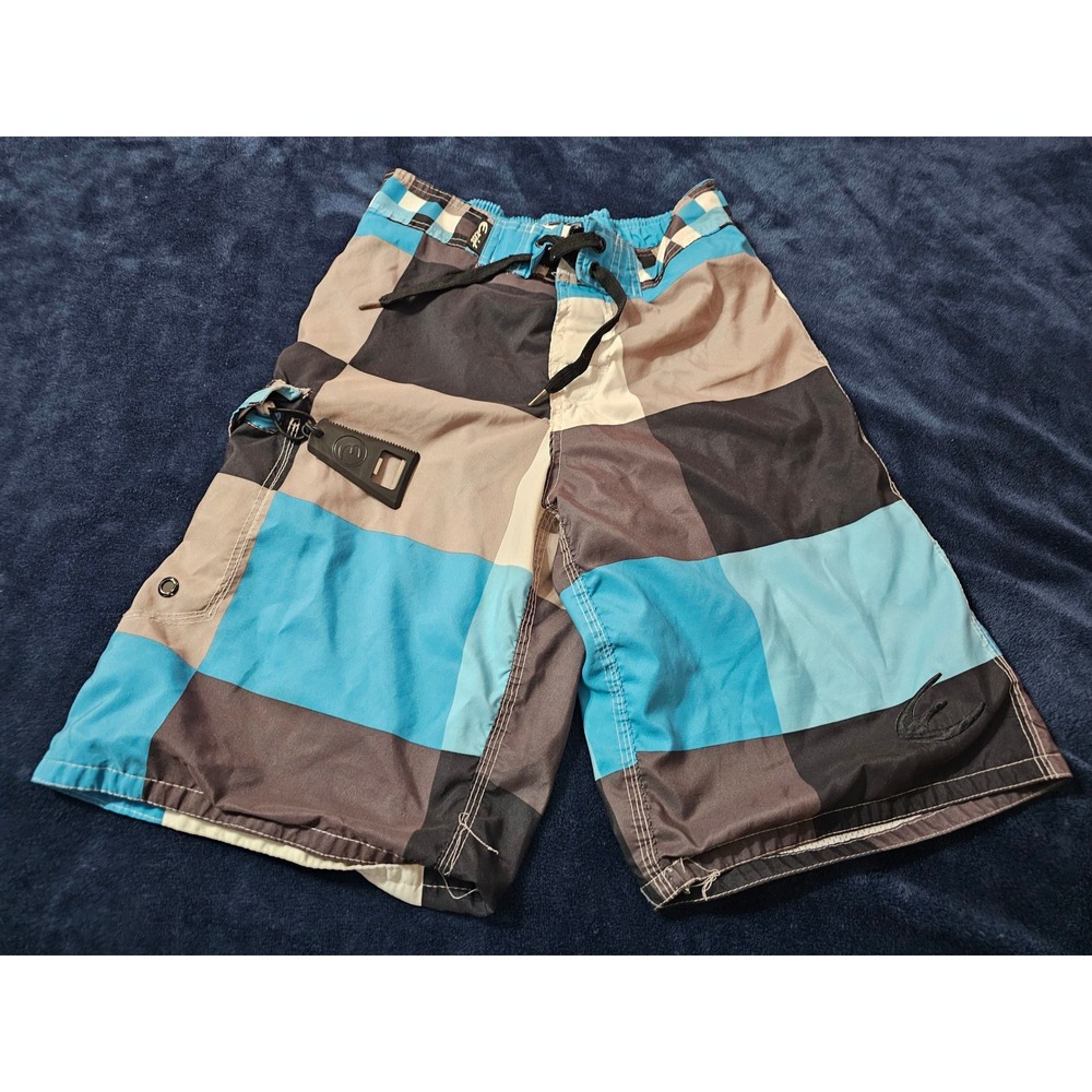 Exist Miami Mens Board Shorts Blue Grey Checkerboard Swim Trunks Bottle Opener M